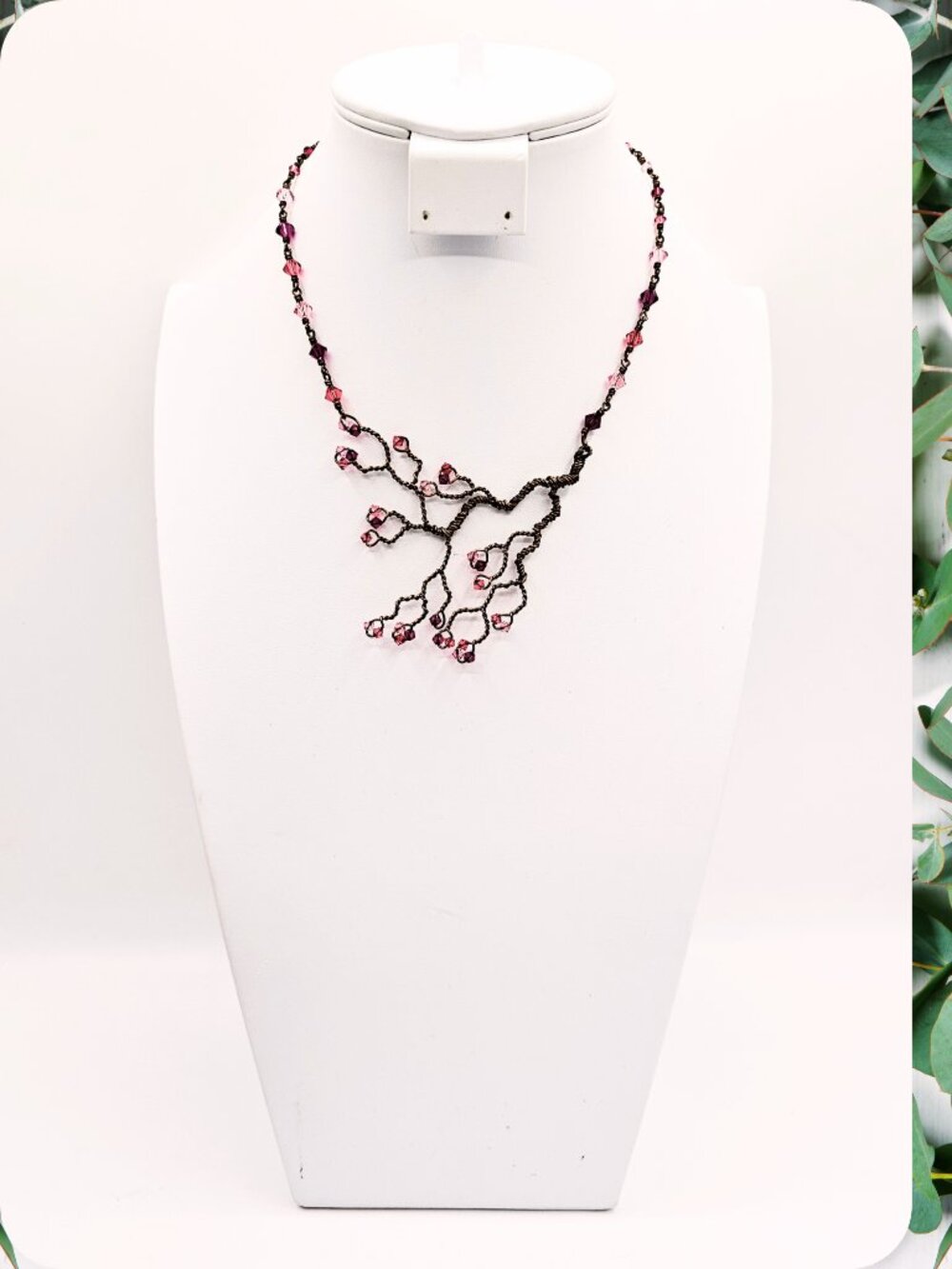 Hand Twisted Copper Tree Necklace Pink Crystal Cherry Blossom Statement Artisan - Picture 3 of 10